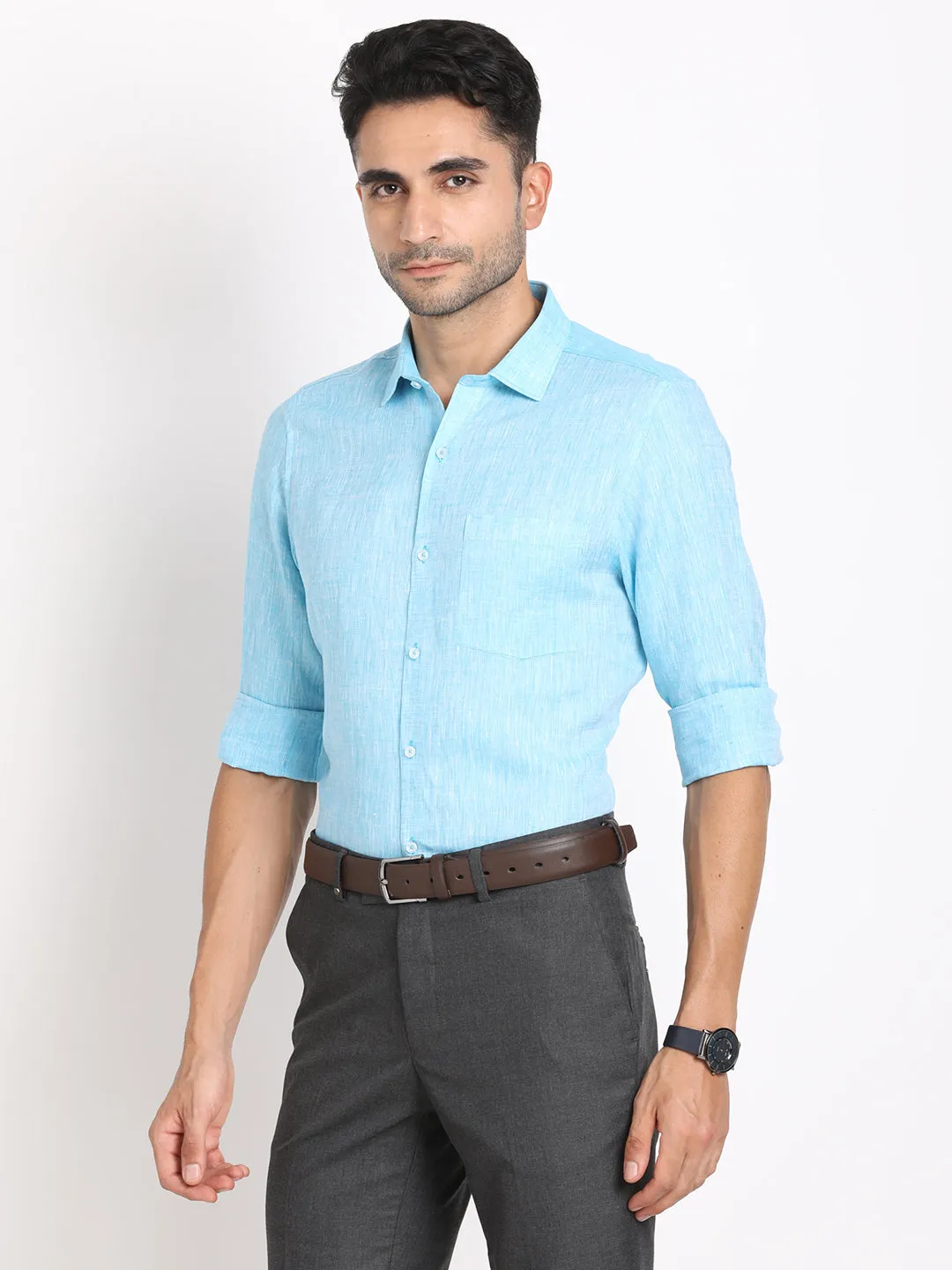 Pure Linen Turquoise Plain Slim Fit Full Sleeve Formal Shirt
