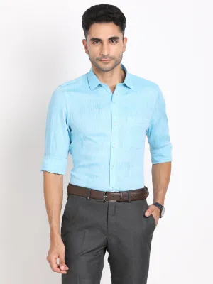 Pure Linen Turquoise Plain Slim Fit Full Sleeve Formal Shirt