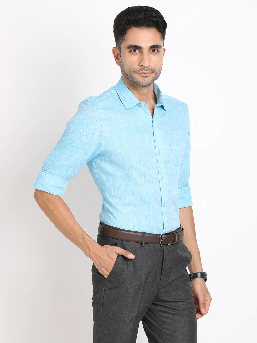 Pure Linen Turquoise Plain Slim Fit Full Sleeve Formal Shirt