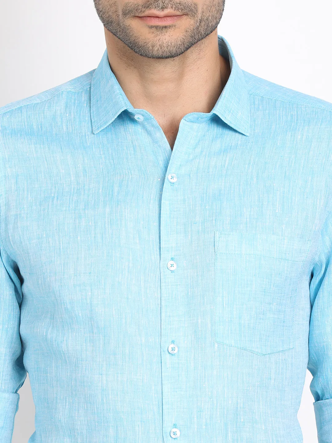 Pure Linen Turquoise Plain Slim Fit Full Sleeve Formal Shirt