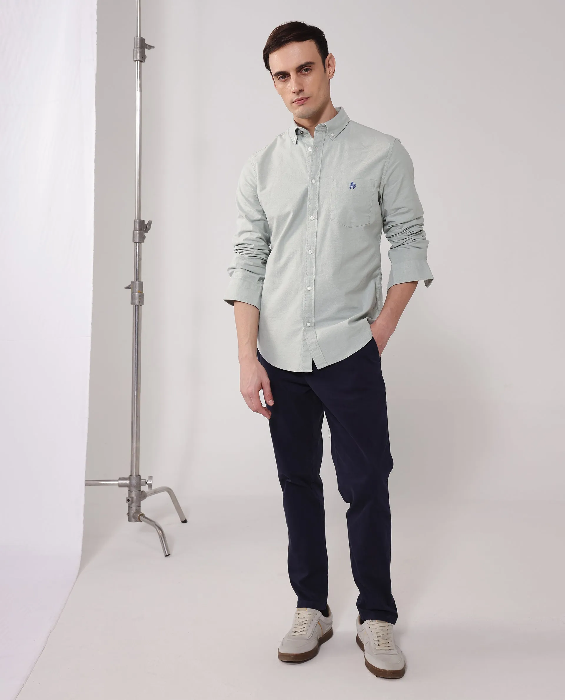 Rare Rabbit Men Oxob Dusky Green Full Sleeve Collared Neck Button Closure Regular Fit Plain Shirt