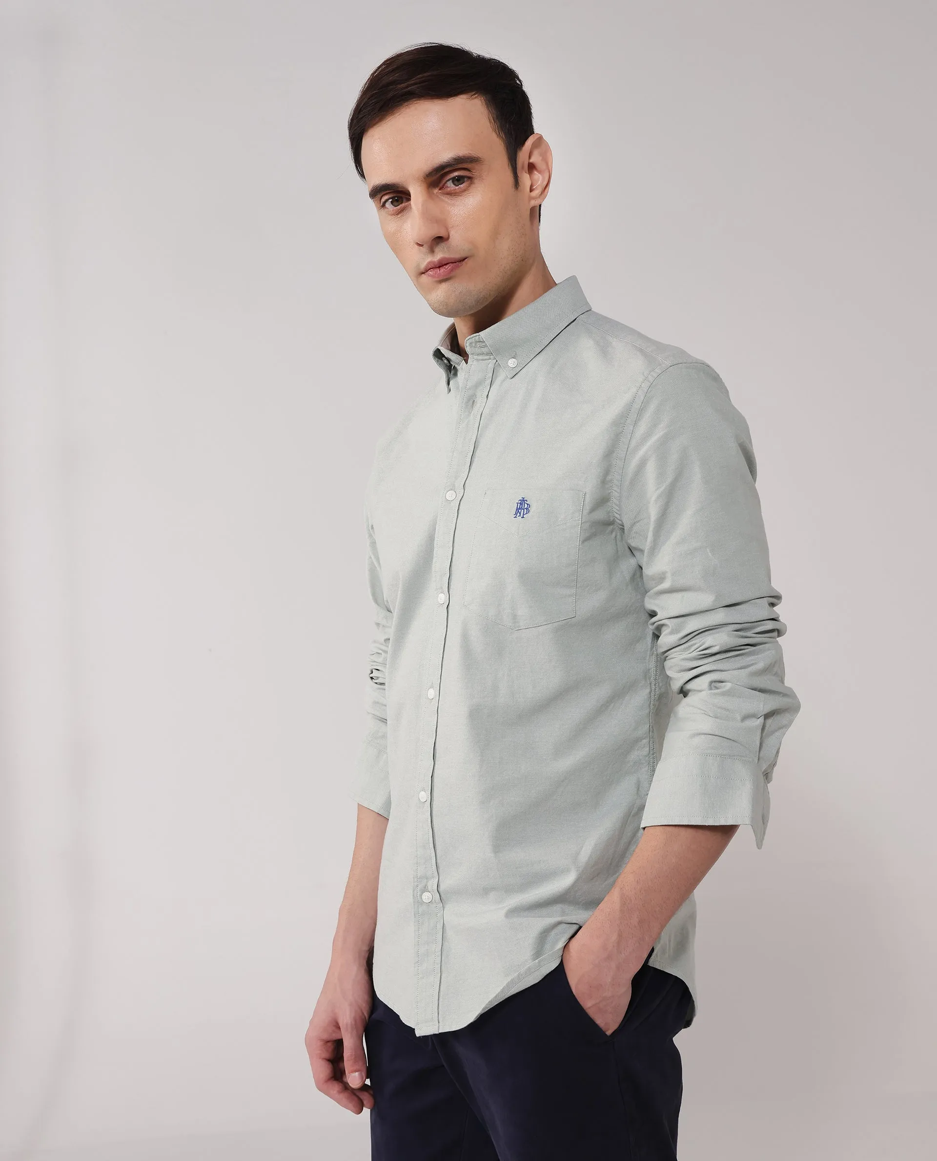 Rare Rabbit Men Oxob Dusky Green Full Sleeve Collared Neck Button Closure Regular Fit Plain Shirt