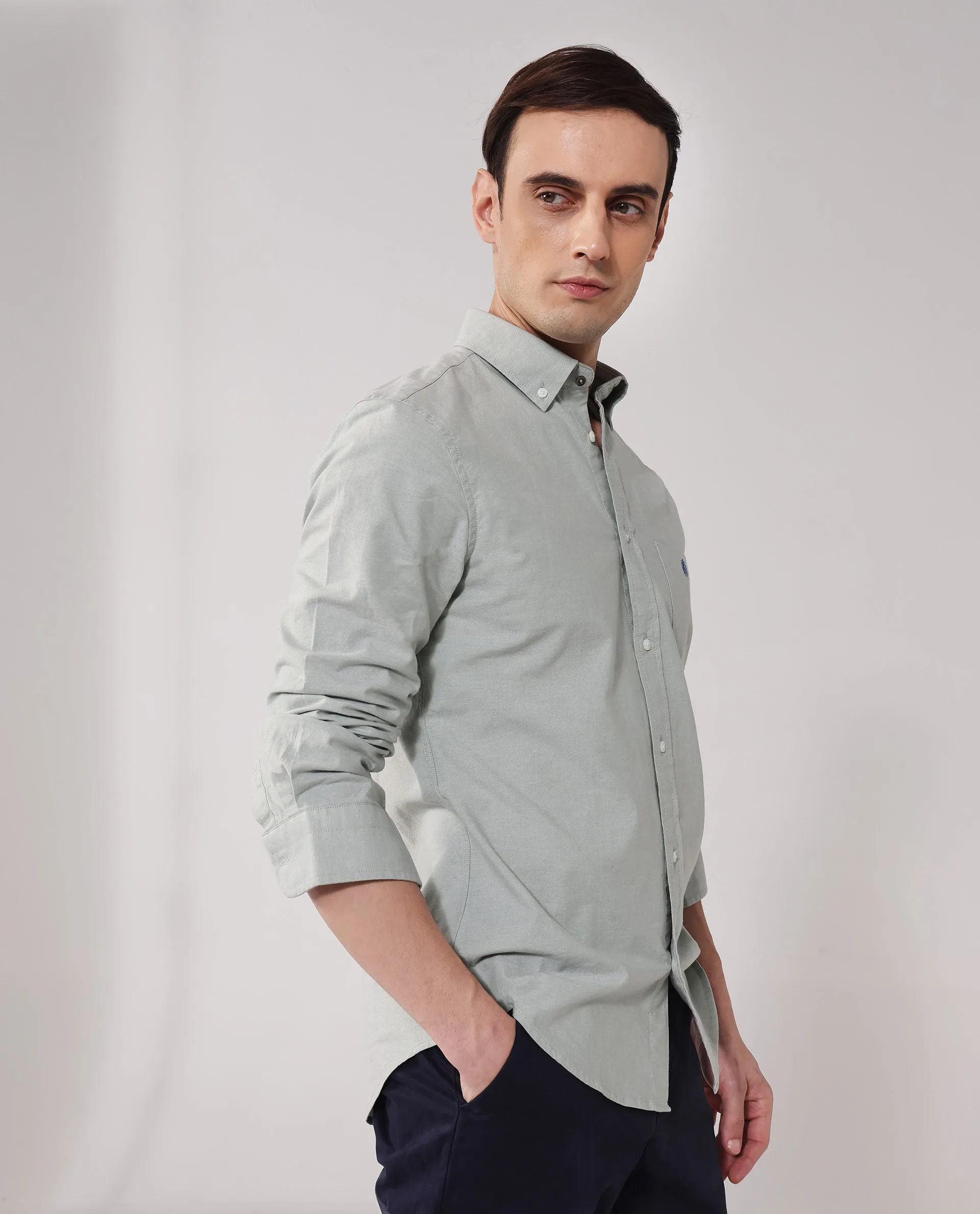 Rare Rabbit Men Oxob Dusky Green Full Sleeve Collared Neck Button Closure Regular Fit Plain Shirt
