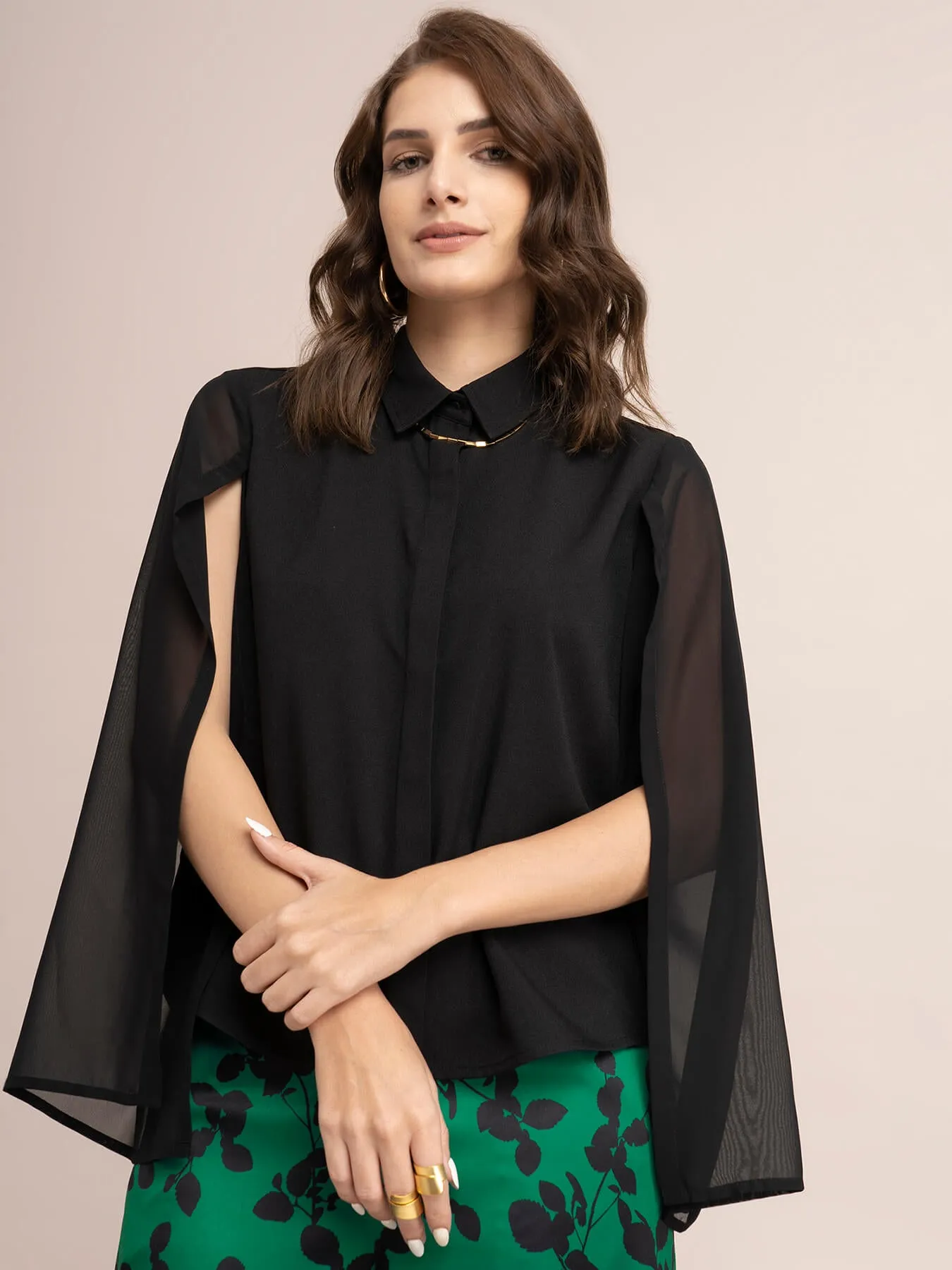 Sheer Slit Sleeve Shirt - Black