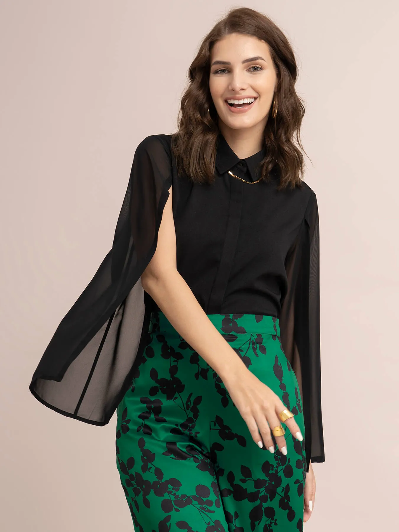 Sheer Slit Sleeve Shirt - Black