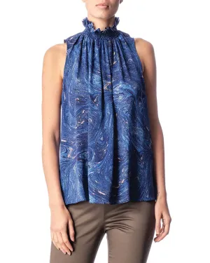 Sleeveless Smocked Mock Neckline Top in Silk Print
