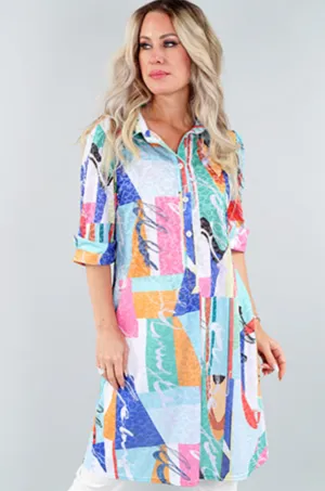 Sunshine Spirals Collared Button Down Shirt Dress
