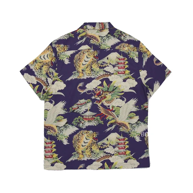 Vintage Hawaiian Aloha Floral Shirt with Mount Fuji Dragon Tiger Eagle Pattern