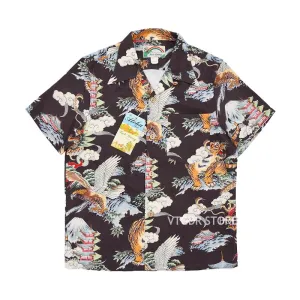 Vintage Hawaiian Aloha Floral Shirt with Mount Fuji Dragon Tiger Eagle Pattern