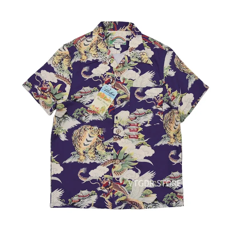 Vintage Hawaiian Aloha Floral Shirt with Mount Fuji Dragon Tiger Eagle Pattern