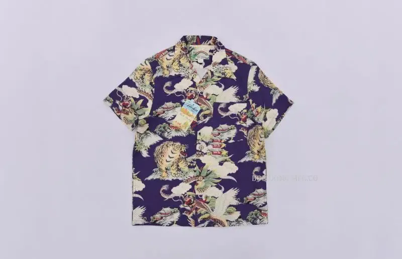 Vintage Hawaiian Aloha Floral Shirt with Mount Fuji Dragon Tiger Eagle Pattern