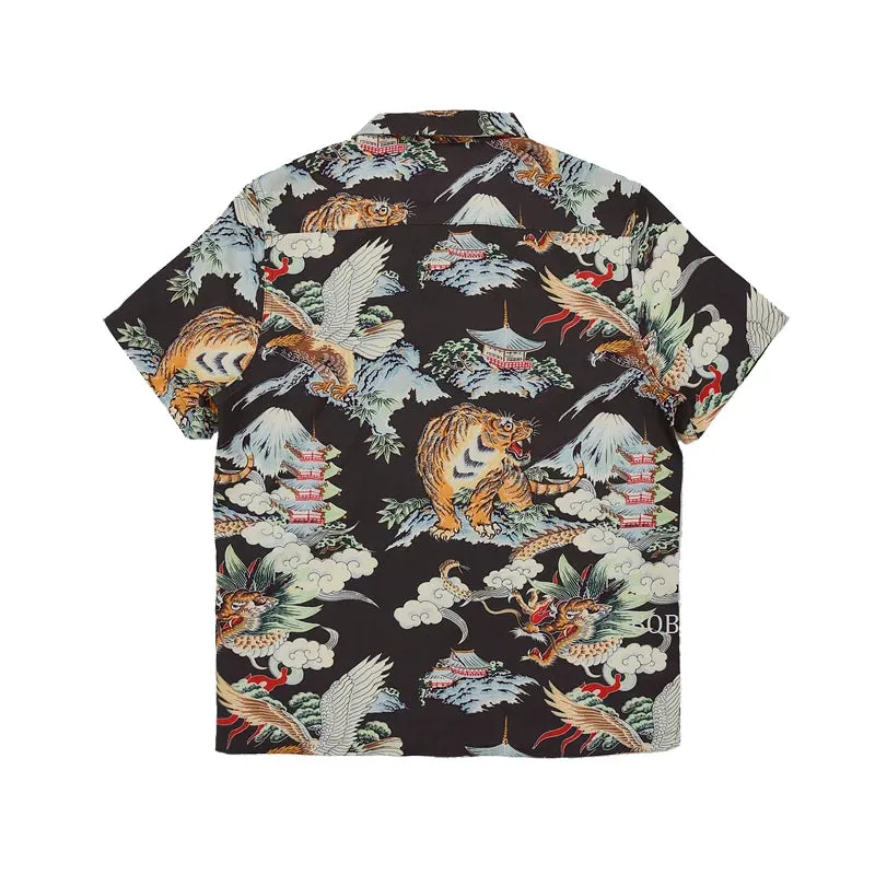 Vintage Hawaiian Aloha Floral Shirt with Mount Fuji Dragon Tiger Eagle Pattern