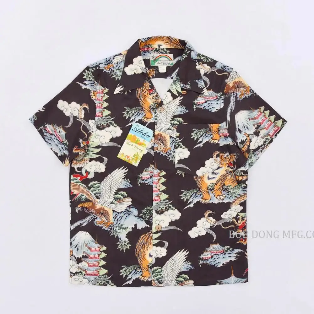 Vintage Hawaiian Aloha Floral Shirt with Mount Fuji Dragon Tiger Eagle Pattern