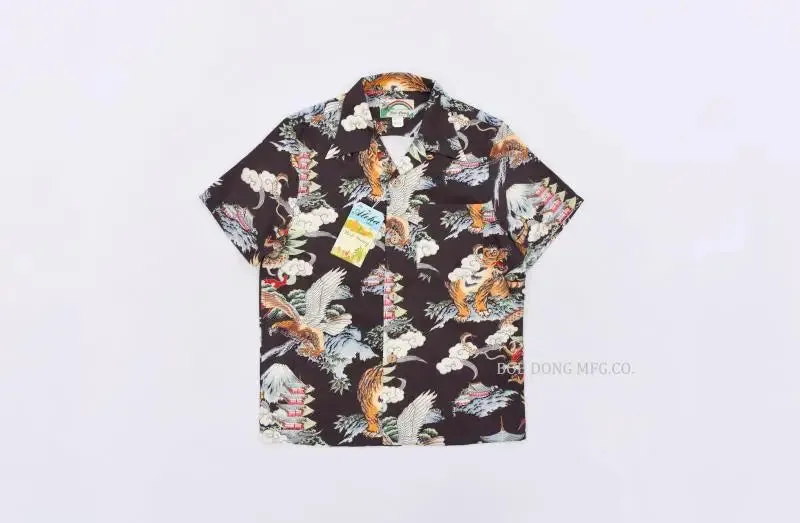Vintage Hawaiian Aloha Floral Shirt with Mount Fuji Dragon Tiger Eagle Pattern