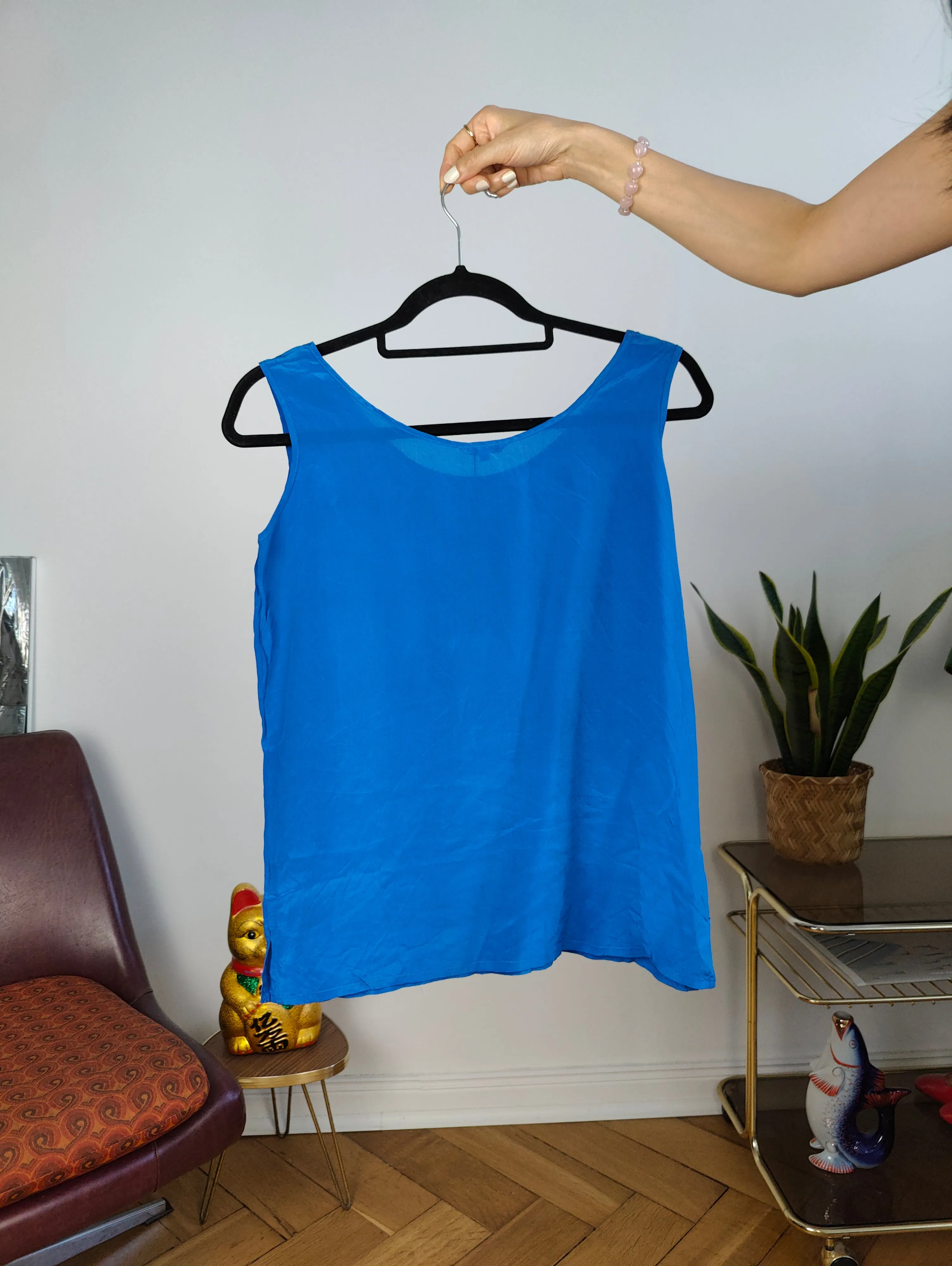 Vintage silk sleeveless tank top blouse vest royal electric blue women S-M
