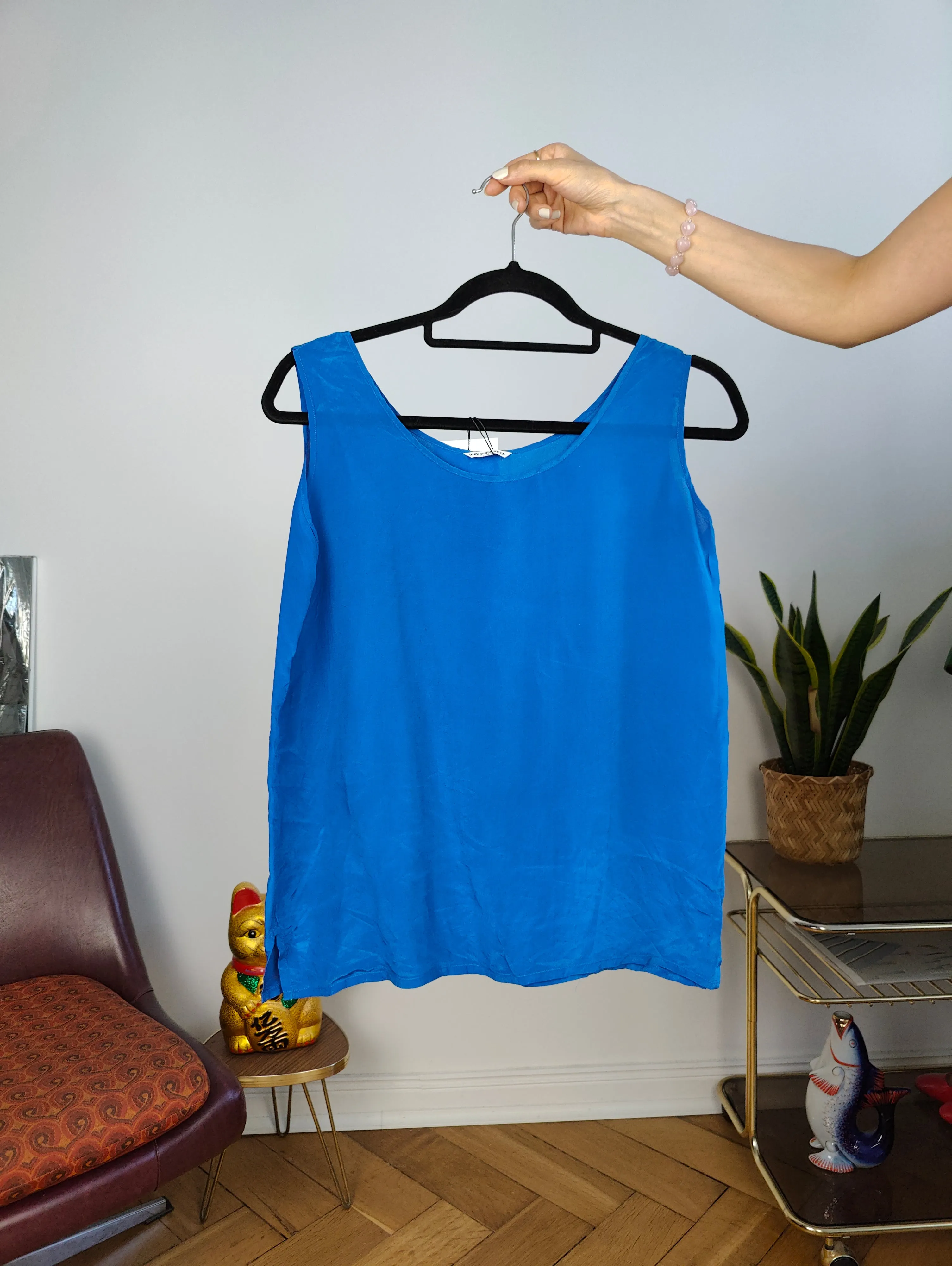 Vintage silk sleeveless tank top blouse vest royal electric blue women S-M