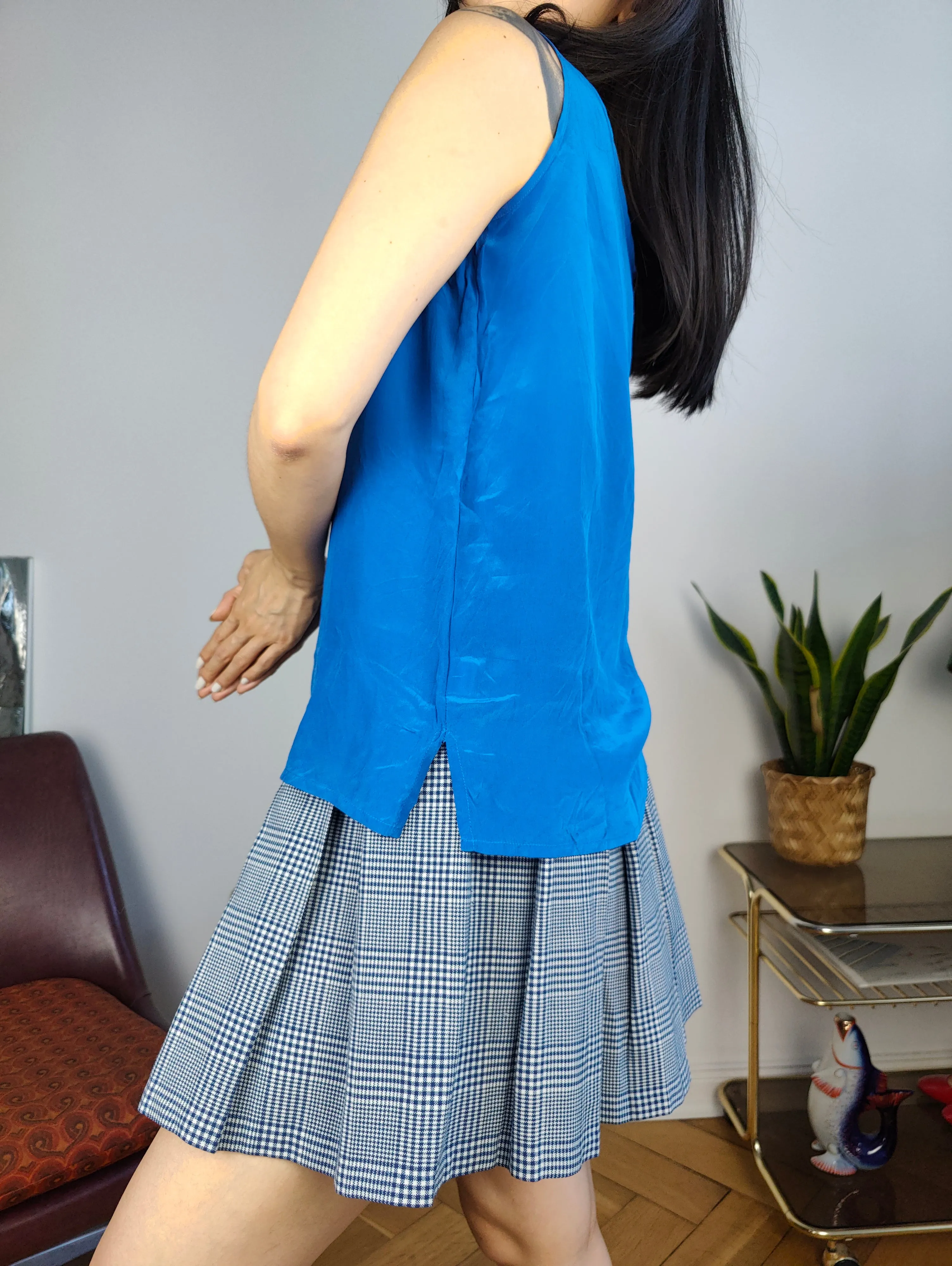 Vintage silk sleeveless tank top blouse vest royal electric blue women S-M