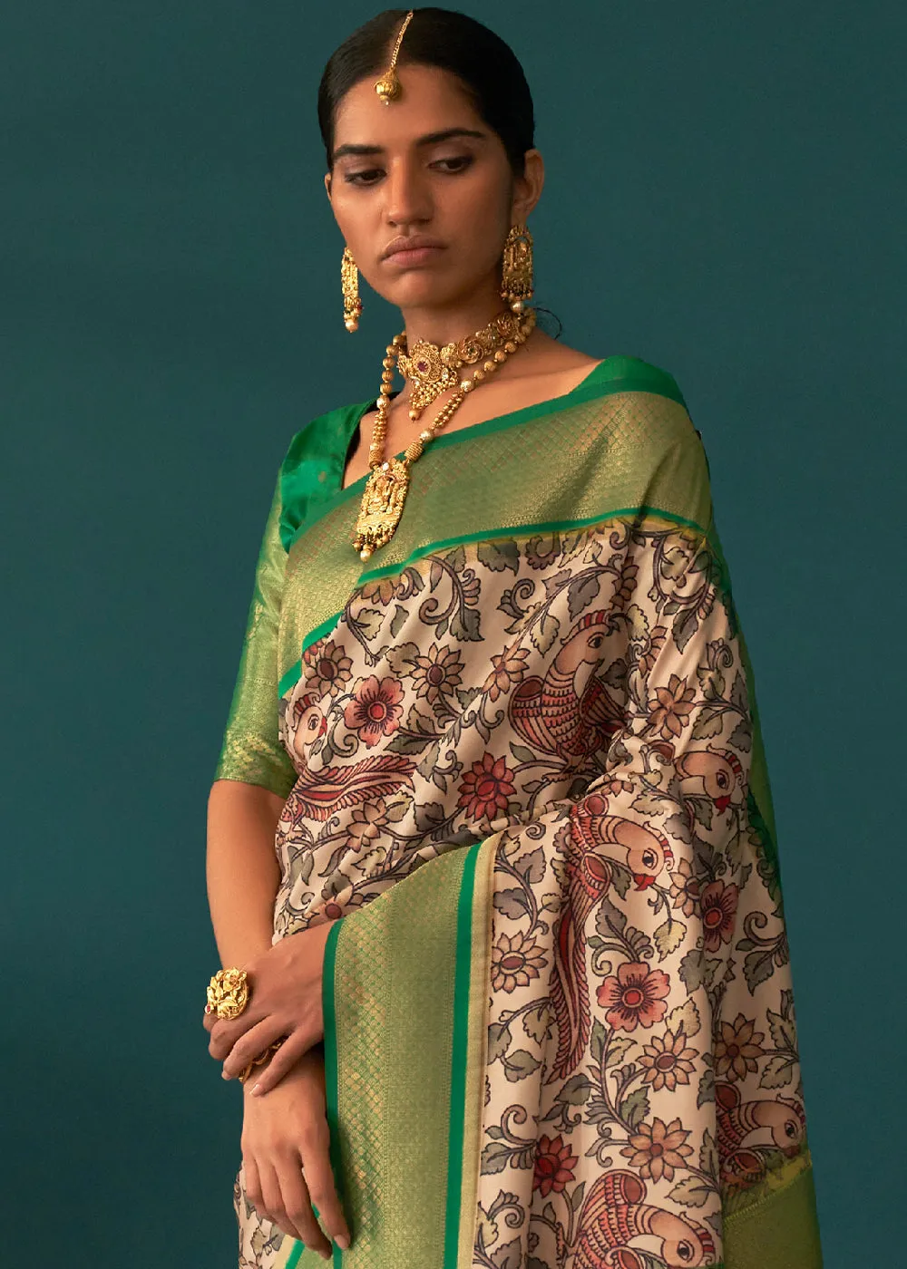 White & Green Tussar Silk Saree with kalamkari Print