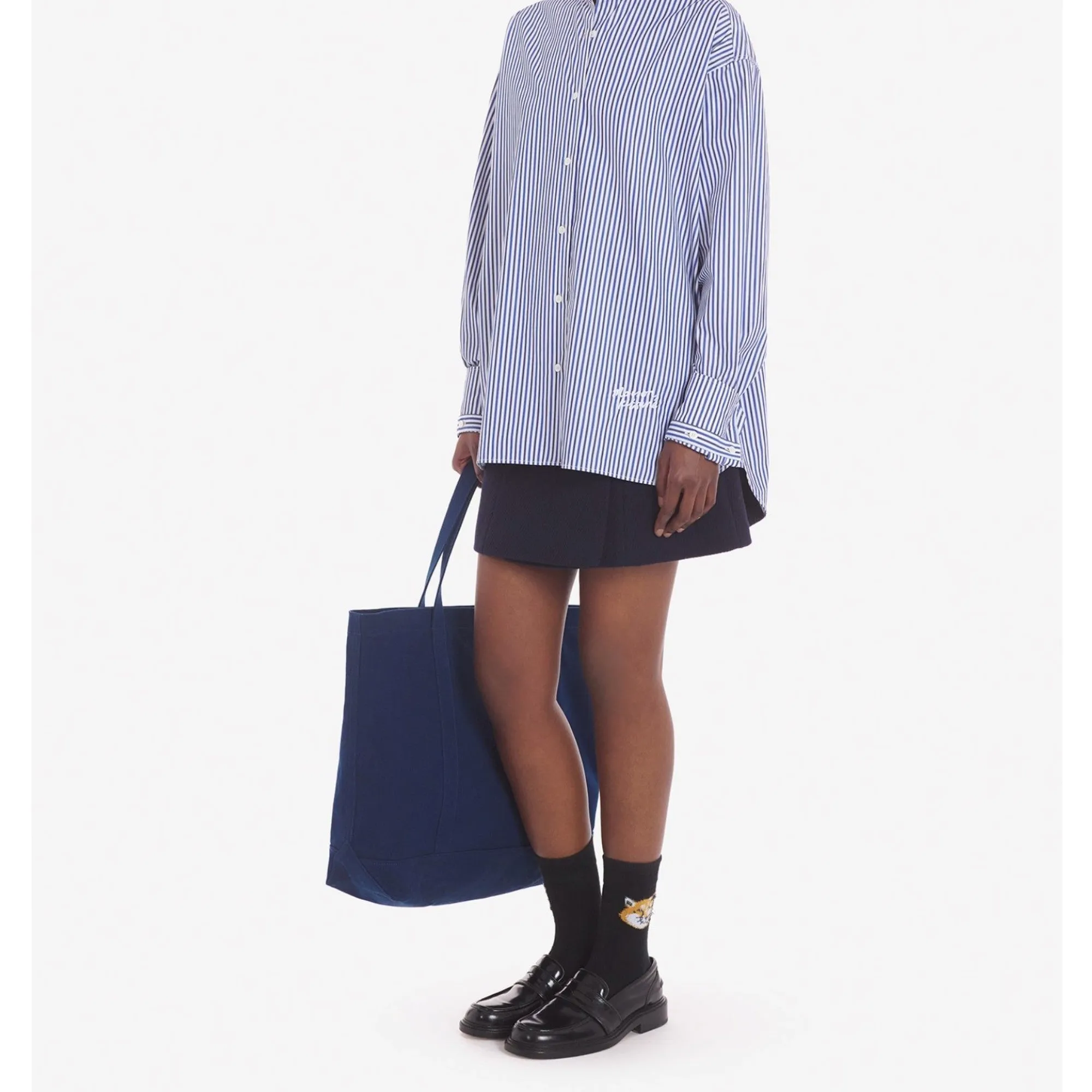 Women Oversize Shirt In Striped Cotton With Logo Handwri - Blue/Navy Stripes