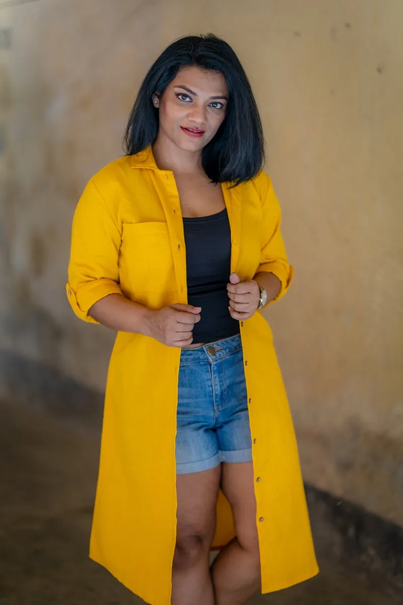 Yellow Handloom Cotton Shirt Dress